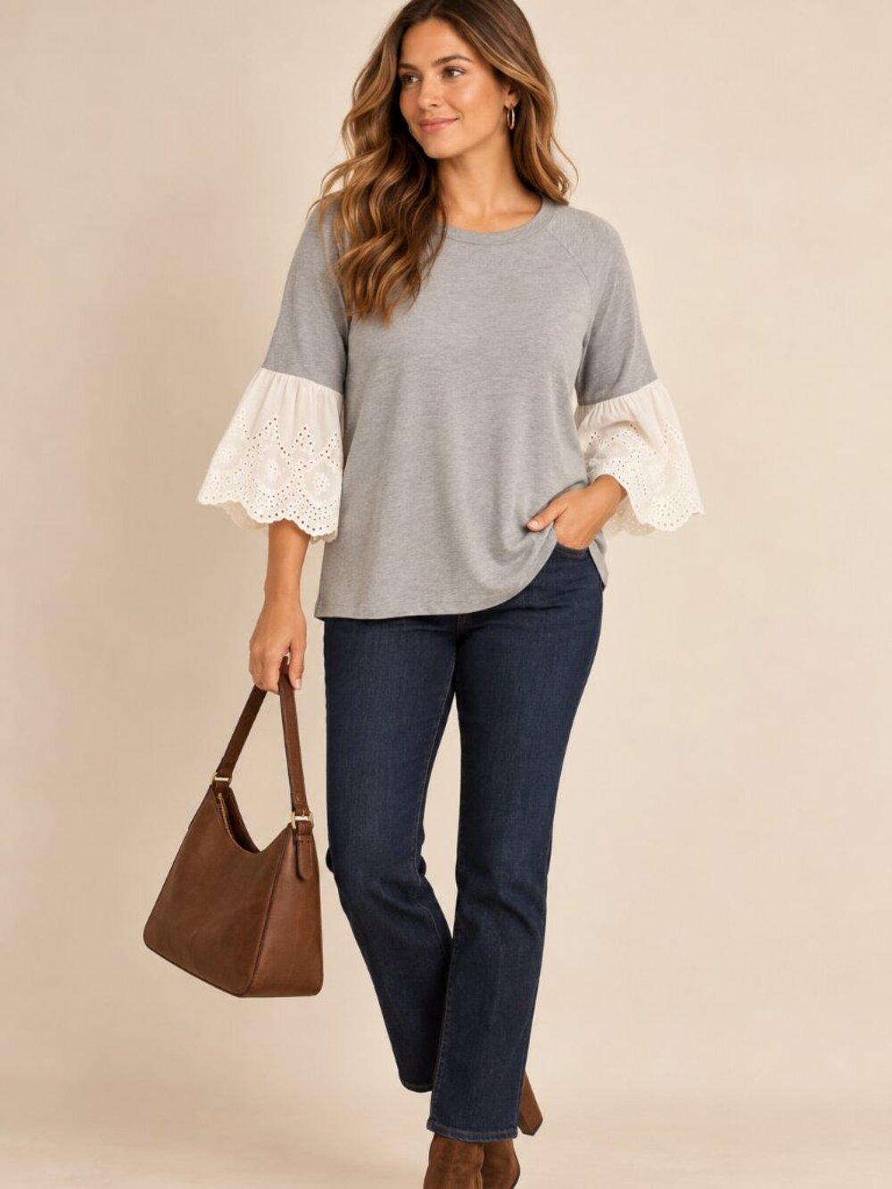 Gilli 2X Gray Eyelet Bell Sleeve Top Plus Size Boho Romantic Blouse